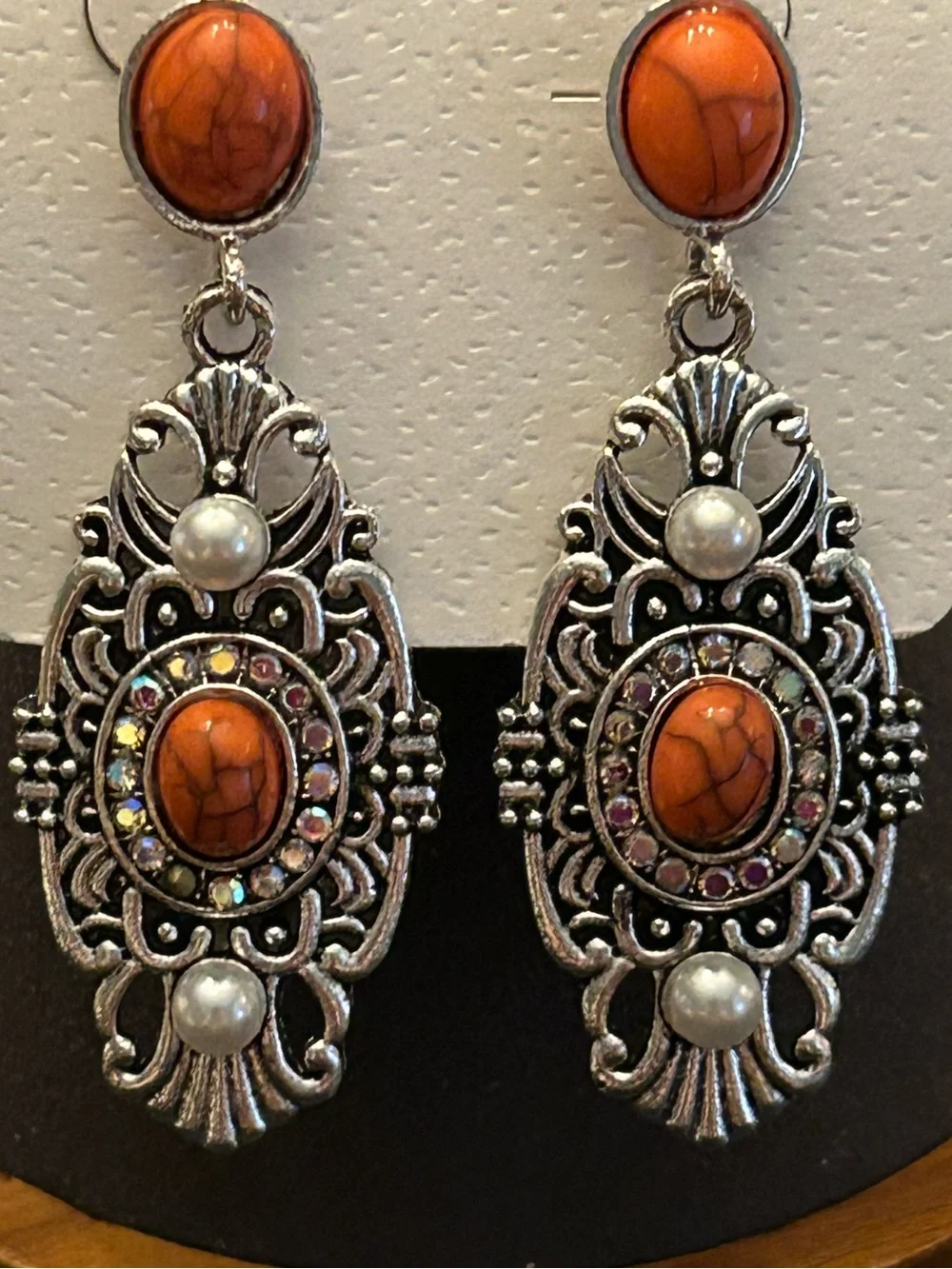 Ornate Faux Coral Cabochon Stone Filigree Metallic Drop Earrings w/Pearl Accents